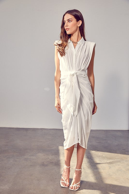 SLEEVELESS BUTTON FRONT TIE DRESS