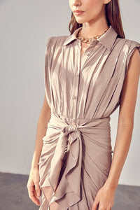 SLEEVELESS BUTTON FRONT TIE DRESS