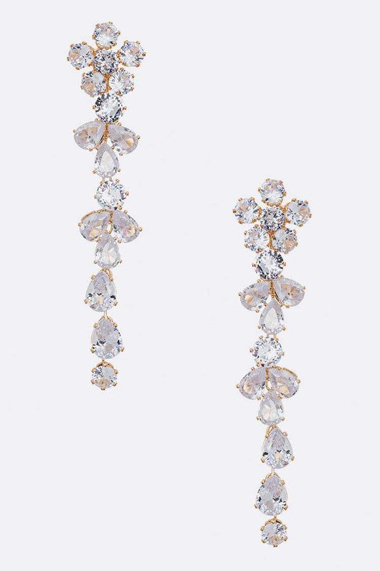 CZ Flower Long Chandelier Earrings