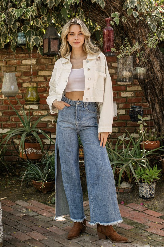 Distressed bling fringe crop jean selling jacket